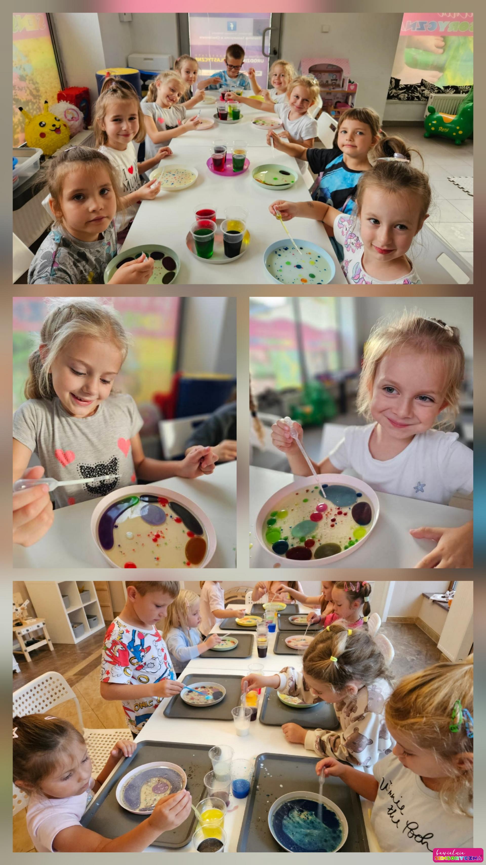 Dzieci z talerzykami, pipetami, olej, barwniki. Zajęcia edukacyjne dla dzieci w Jaworze. Zajęcia edukacyjne dla dzieci w Chojnowie. Zajęcia edukacyjne dla dzieci w Chocianowie.