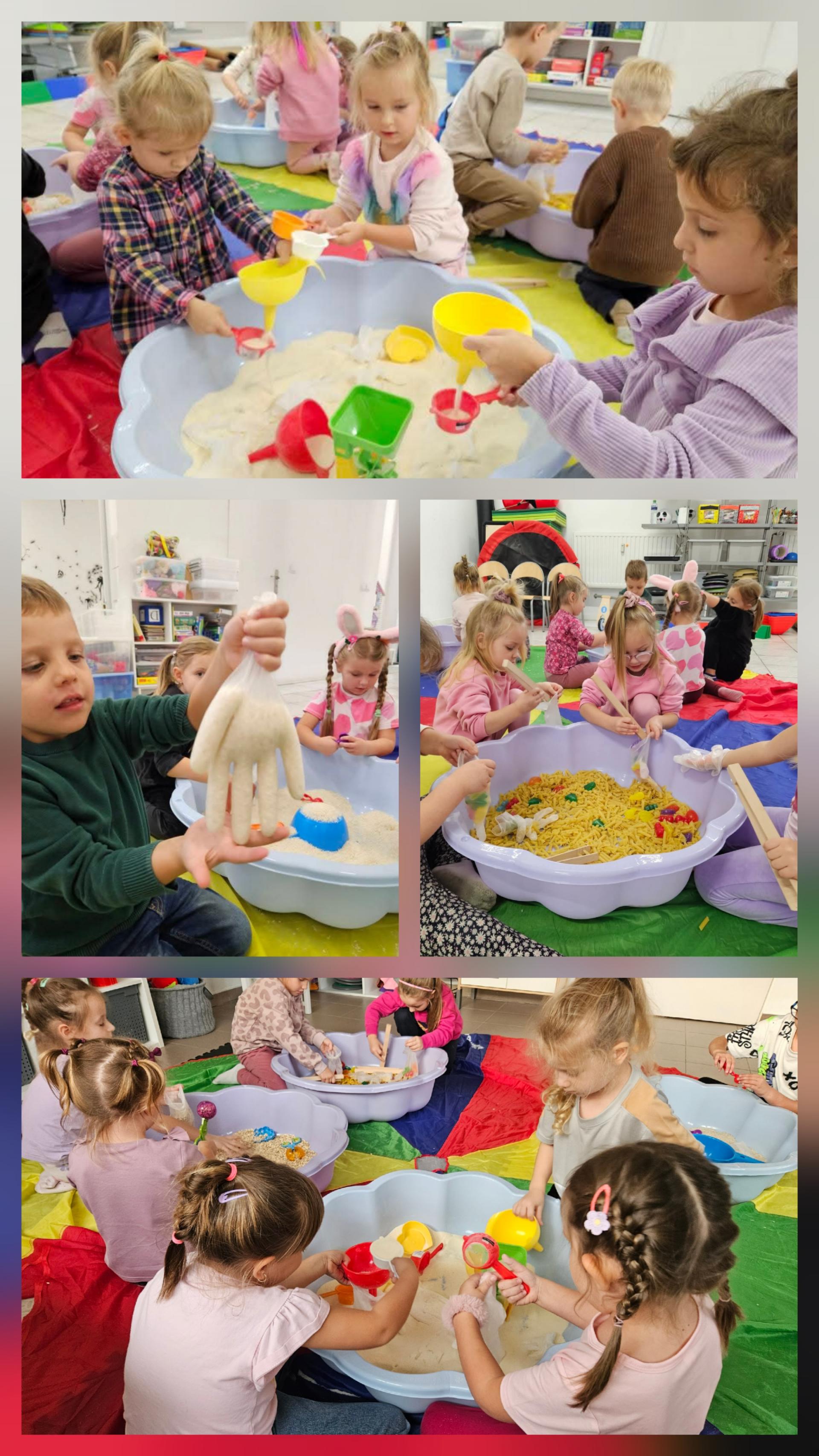 Zajecia sensoryczne dla dzieci w Chojnowie, dzieci w piaskownicach, w makaronie, ryżu, płatkach. Zajęcia edukacyjne dla dzieci w Chojnowie, Chocianowie i Jaworze.