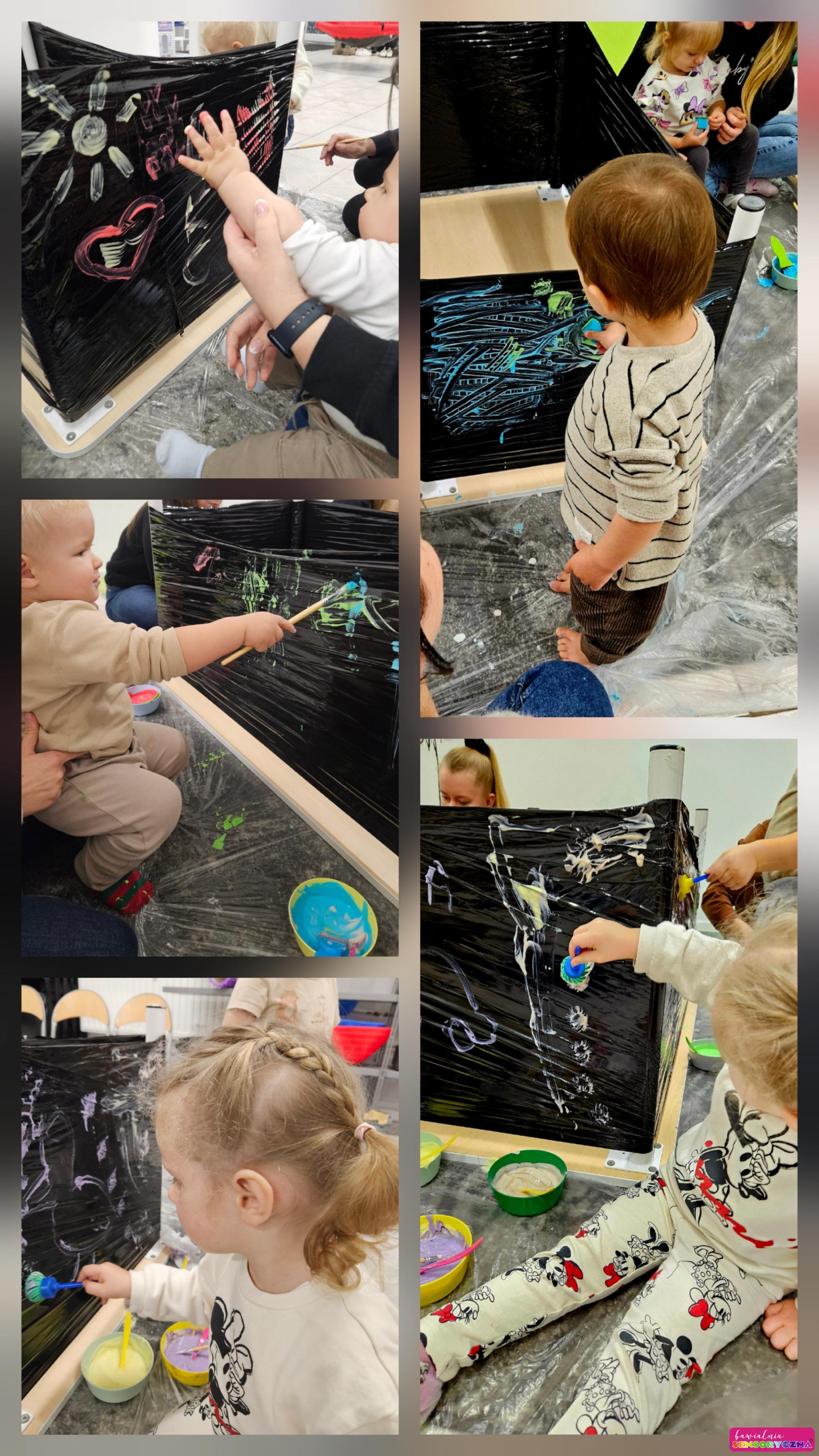 Zajęcia sensoryczne dla maluszków w Chojnowie, czarna folia, kolorowe farby, brudne dzieci.