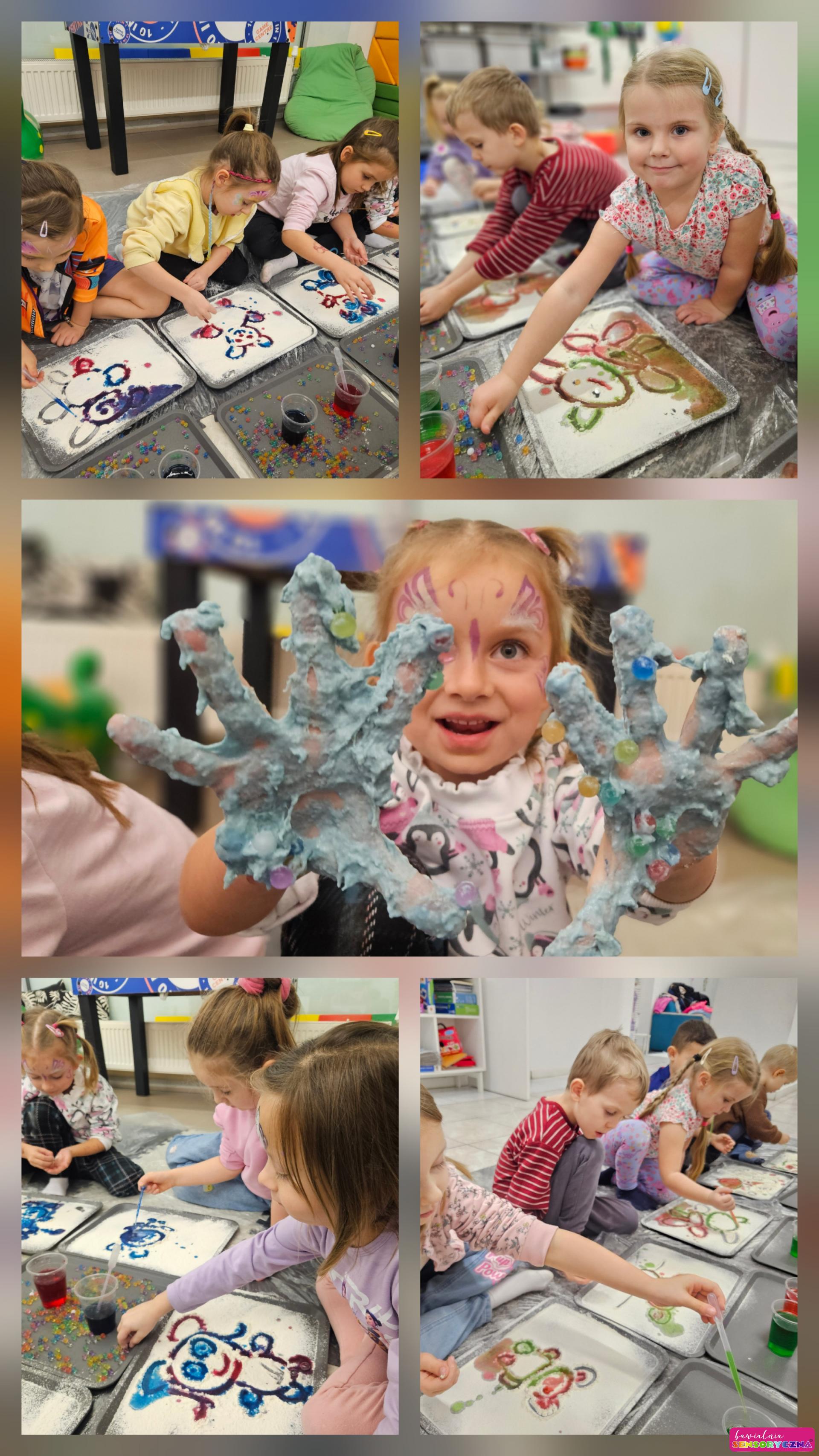 Zajecia sensoryczne dla dzieci w Chojnowie. Zajęcia sensoryczne dla dzieci w Chocianowie. Mąka, kolorowe wody, pipety, malujące dzieci. Zajęcia edukacyjne dla dzieci Chojnów, Chocianów.