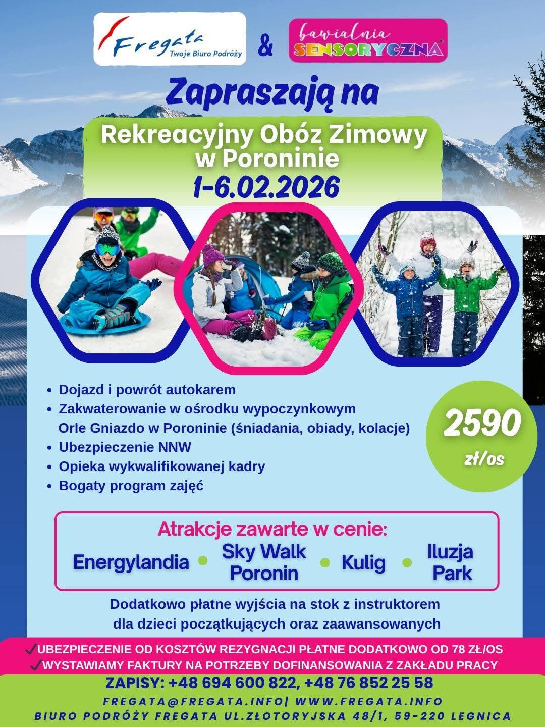 Plakat reklamujący wyjazd dla dzieci. Zimowisko da dzieci z Chojnowa.i okolic.