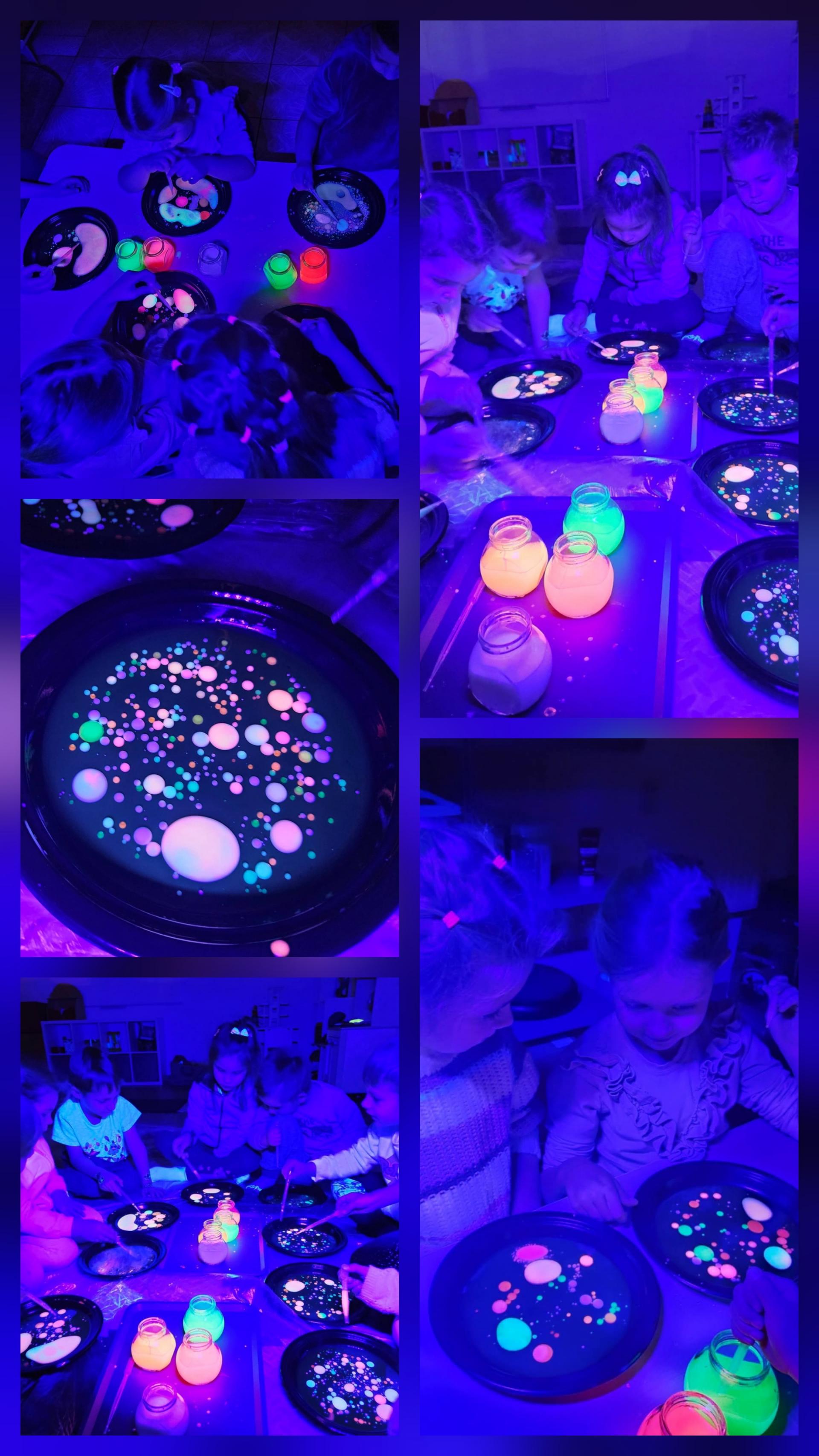 Eksperymenty świecące w ciemności, dzieci, farby fluo, zajecia edukacyjne w ciemności. Zajęcia dla dzieci w Chojnowie. Zajęcia edukacyjne dla dzieci w Chocianowie.  Zajęcia edukacyjne dla dzieci w Jaworze.