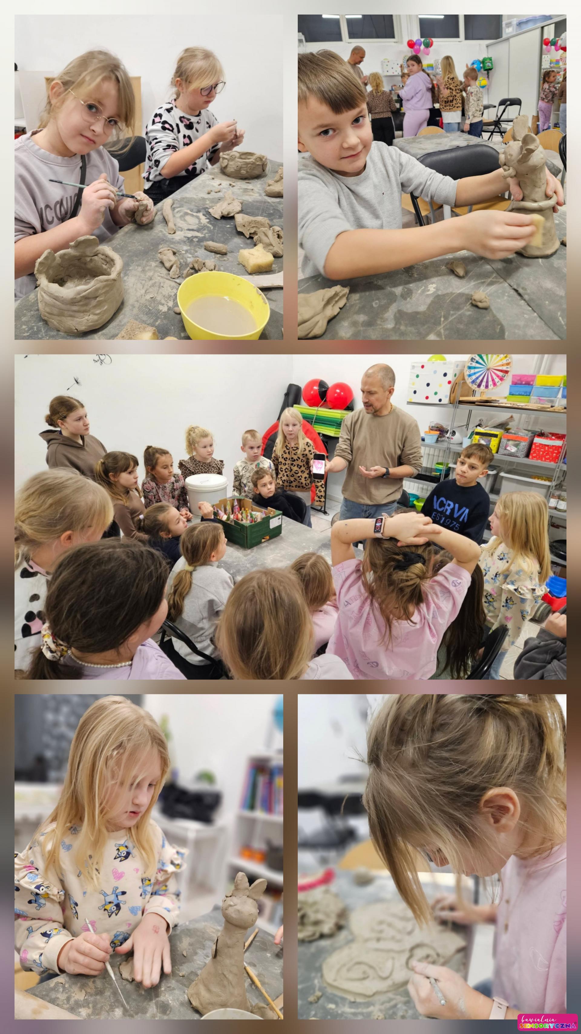 Warsztaty ceramiczne w Chojnowie, dzieci przy stolikach, glina. Zajęcia edukacyjne dla dzieci.