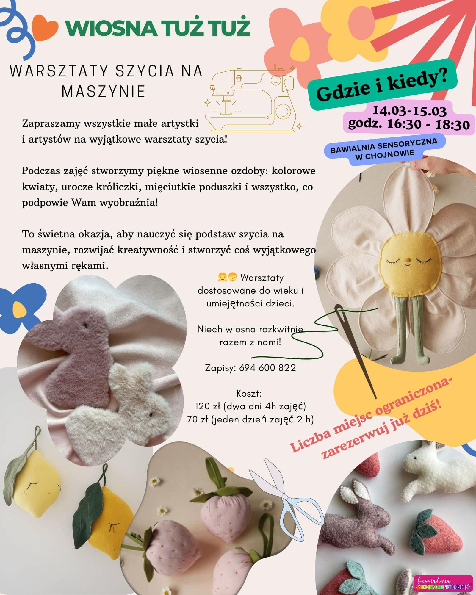 Plakat reklamujący warsztaty szycia na maszynie, Chojnów i okolice, zajęcia edukacyjne dla dzieci.