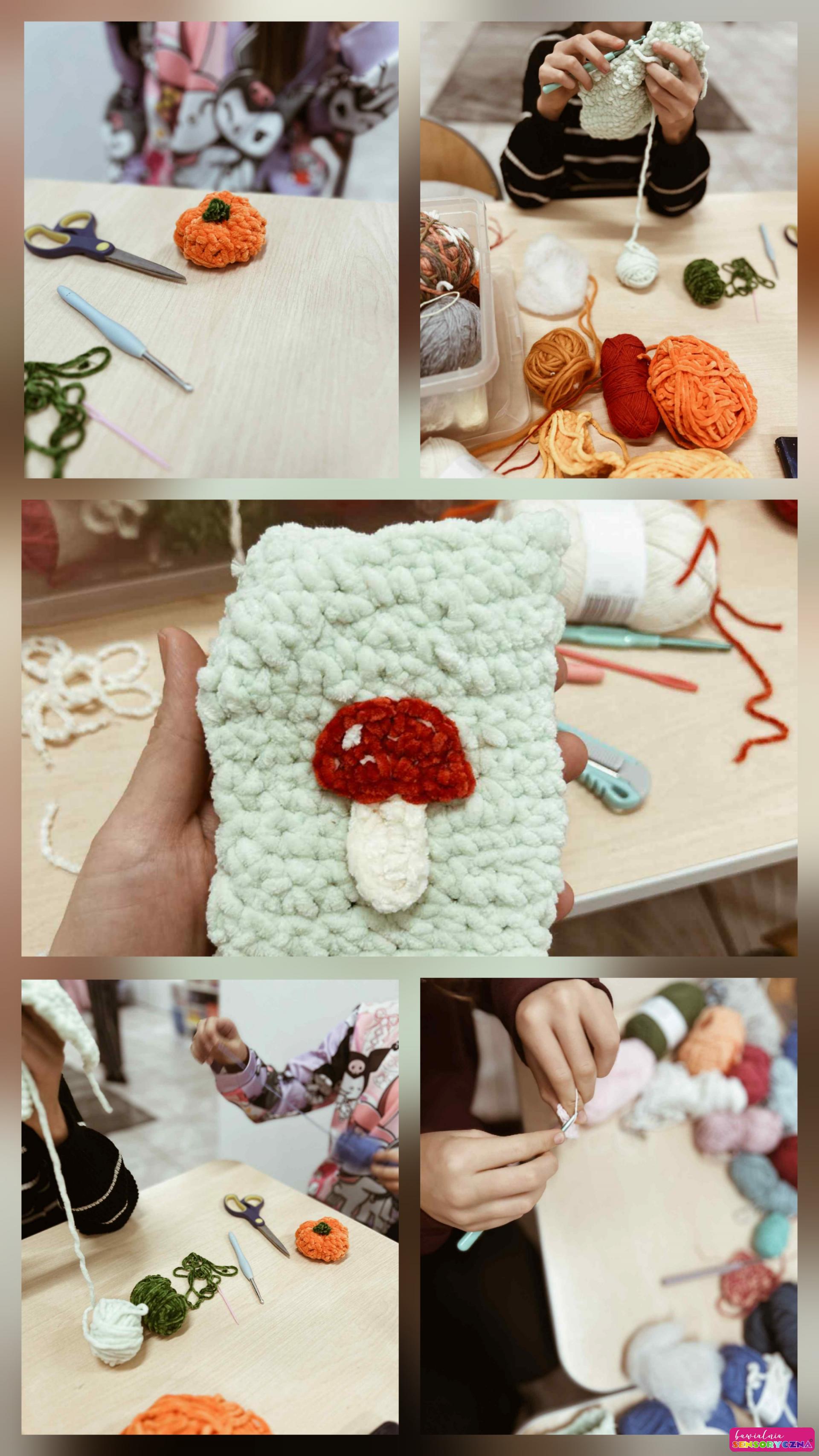 Zajecia szydełkowania dla dzieci w Chojnowie, stoliki z włóczką, dzieci podczas pracy. Zajecia dla dzieci Chojnów I okolice.