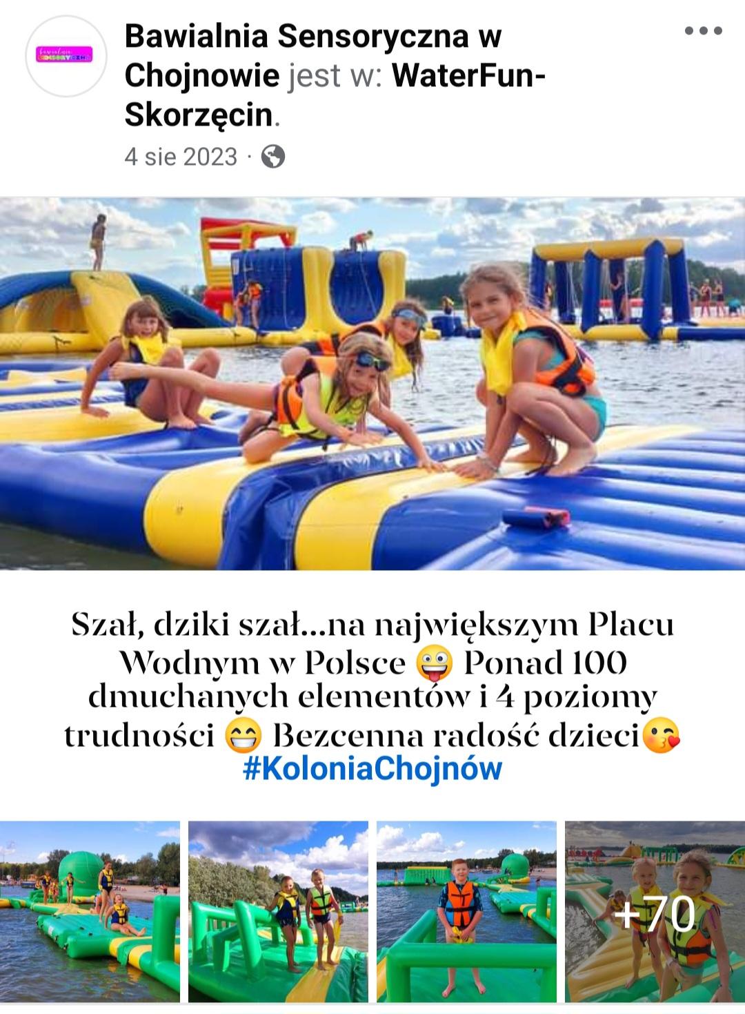 Dzieci na dmuchancach w parku wodnym, plaża, jezioro