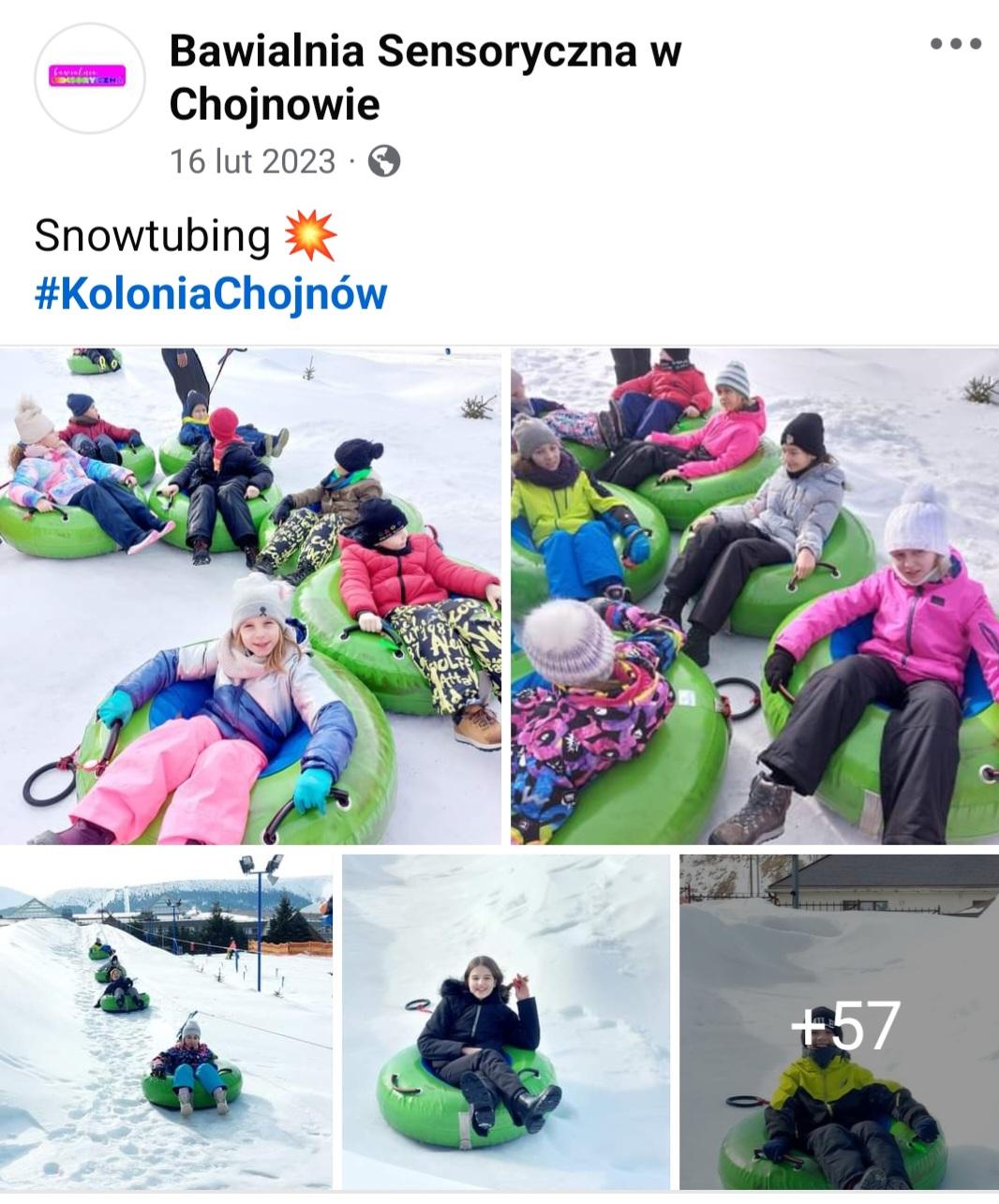 Dzieci siedzące i zjeżdżające w kołach, snowtubing 