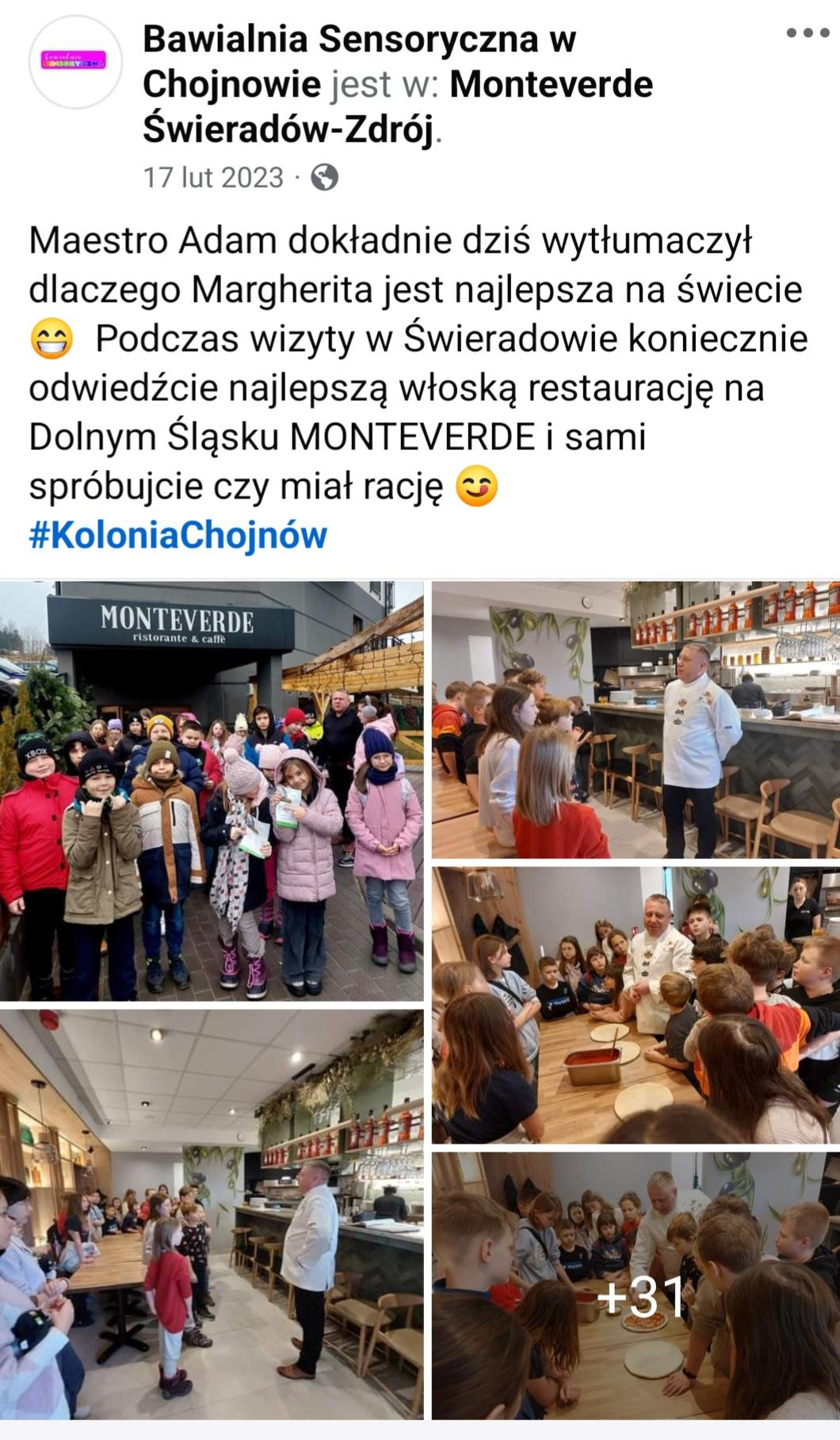 Dzieci przed restauracją i w środku, Monteverde w Świeradowie Zdroju, Zimowisko  warsztaty kulinarne 