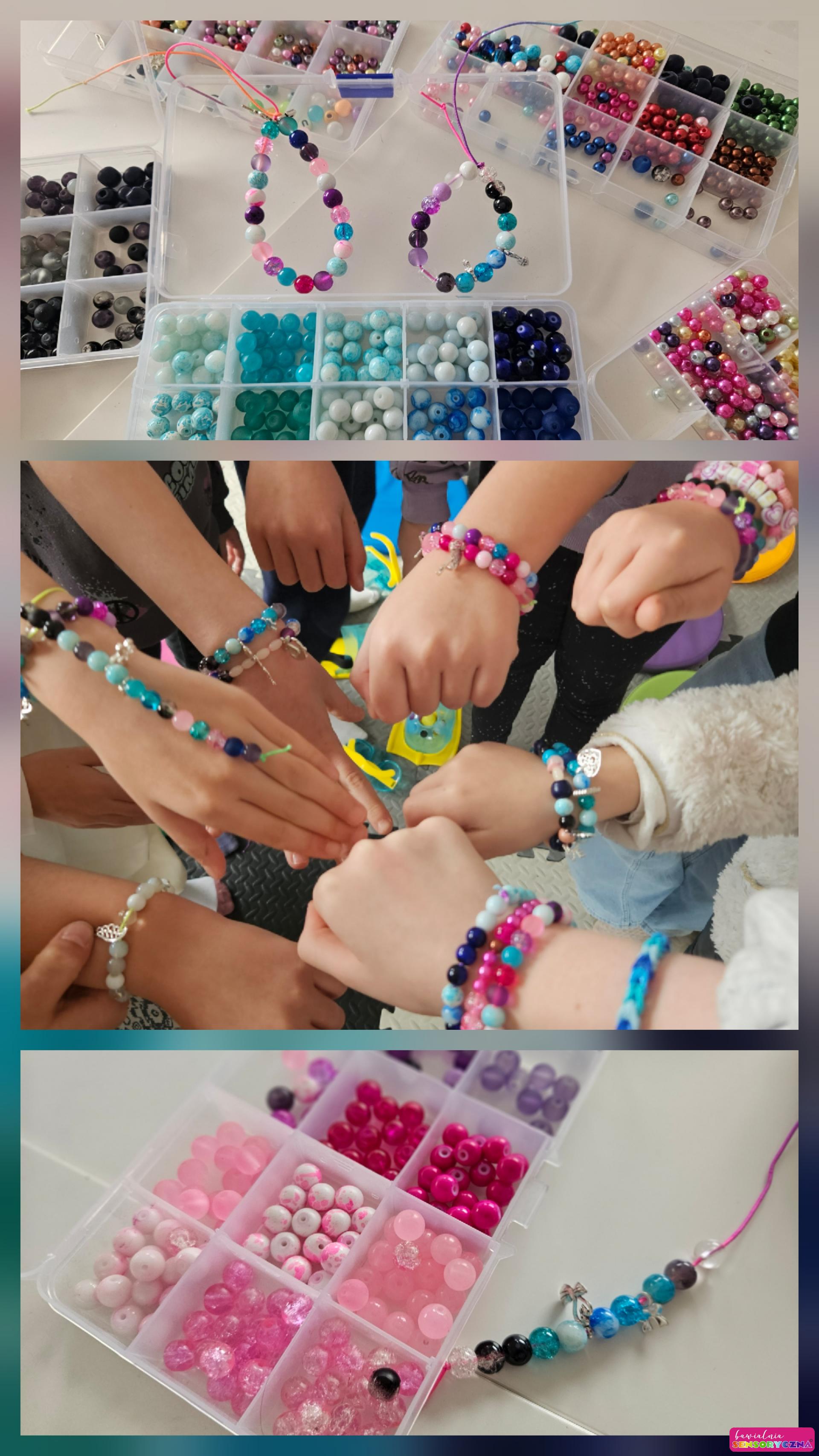 Koraliki, dłonie dziewczynek z bransoletkami. Urodziny dla dzieci w Chojnowie. Urodziny dla dzieci w Chocianowie. Urodziny dla dzieci w Jaworze.