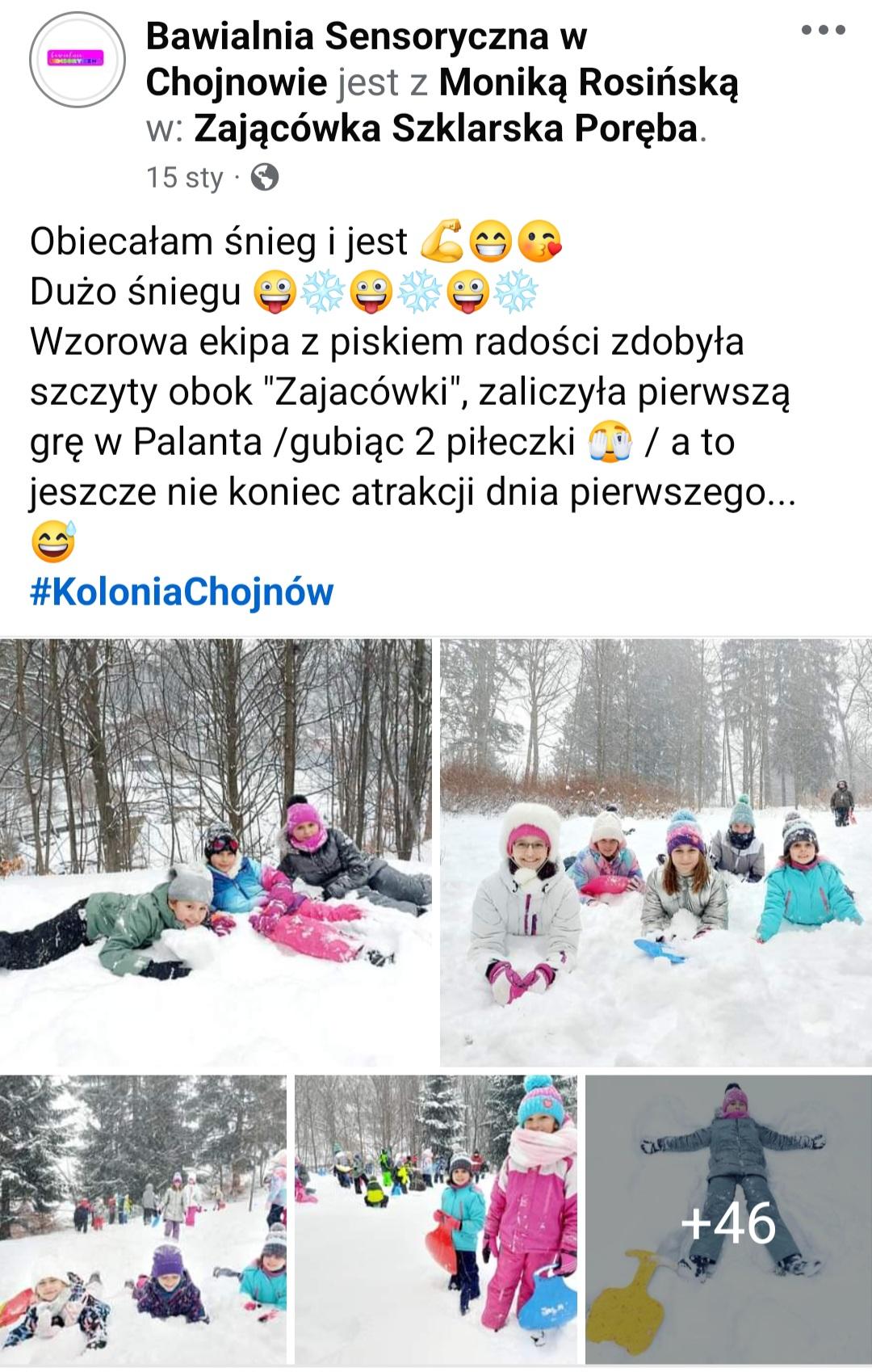 Dzieci bawiące się w śniegu, ferie, zimowisko