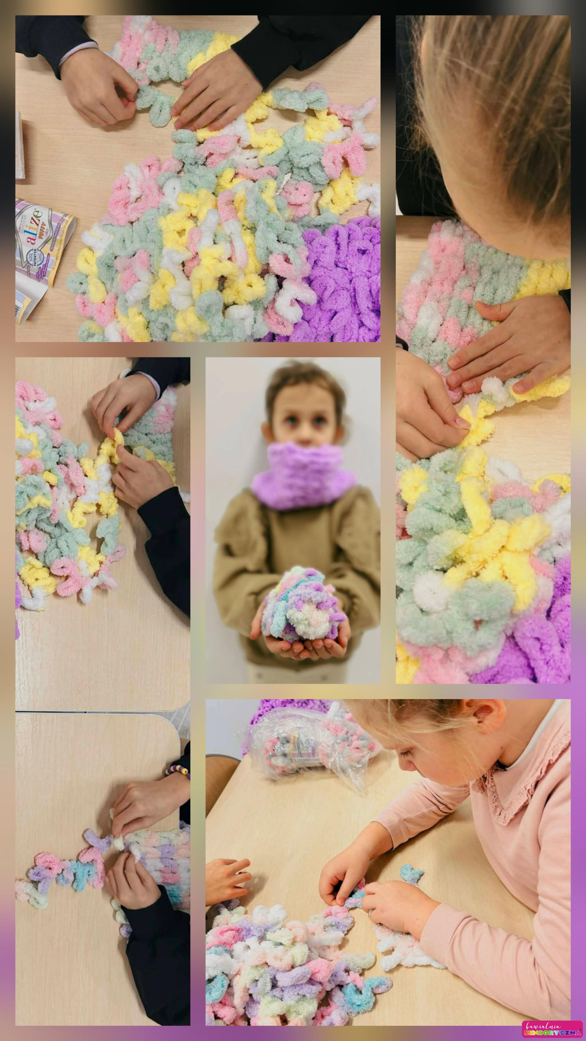 Dzieci z włóczką, szydełkowanie paluszkami, zajecia edukacyjne w Chpjnowie.