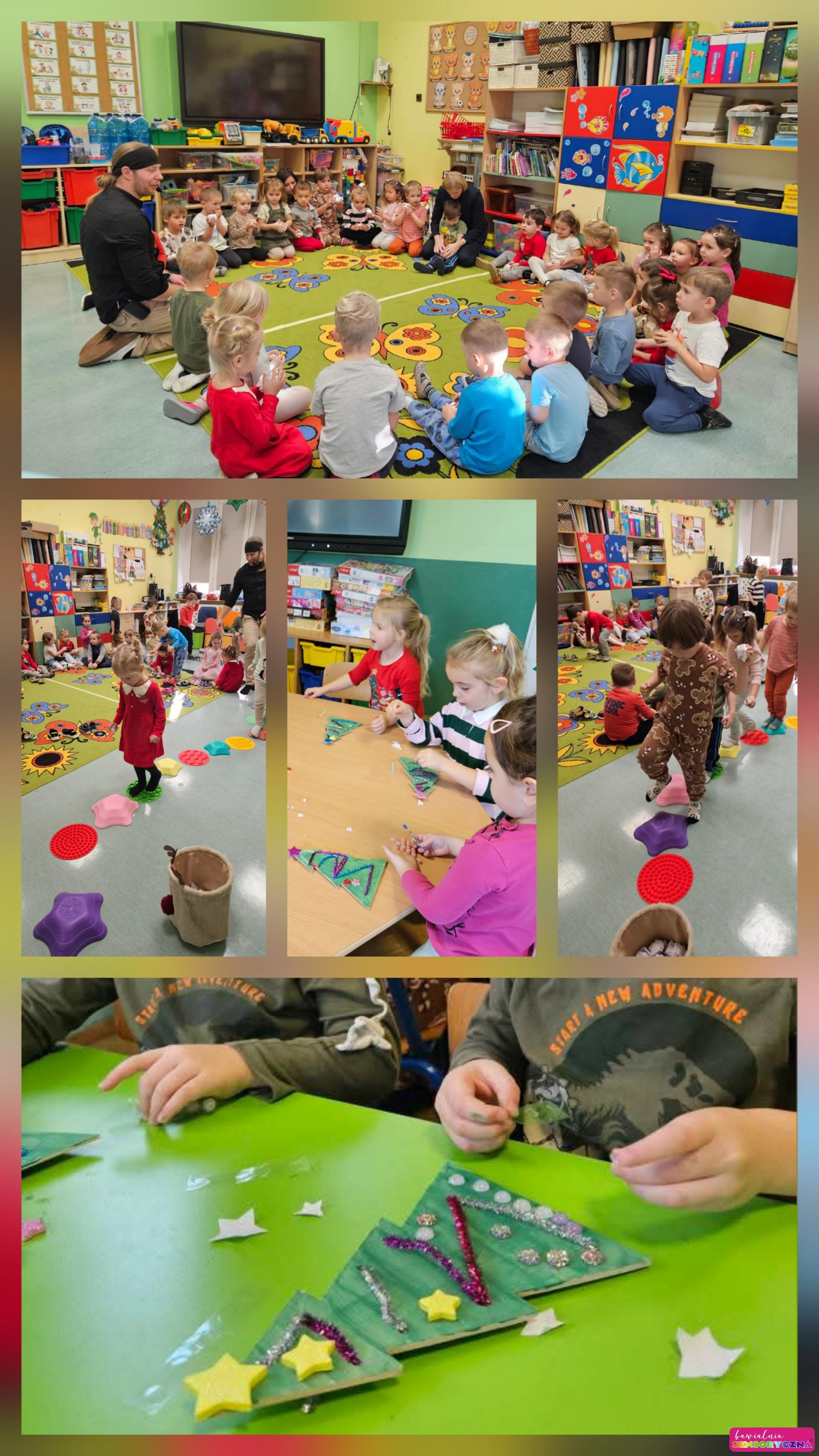 Warsztaty świąteczne w przedszkolu, choinki, ścieżka sensoryczna, grupa dzieci, zabawy przy muzyce. Zajęcia edukacyjne dla szkół i przedszkoli w Chojnowie i okolicy.