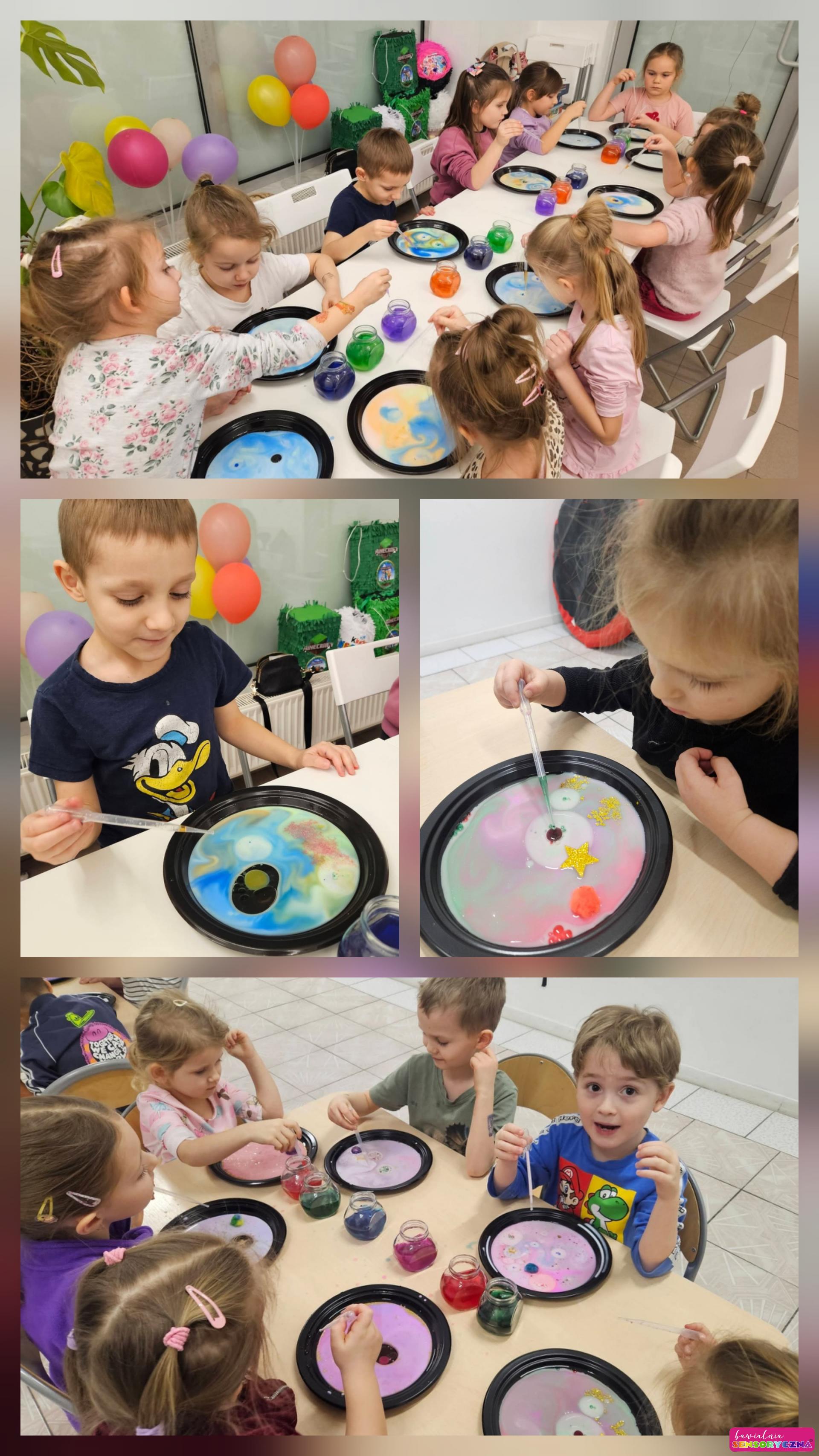 Dzieci, talerzyki z mlekiem, barwniki. Zajęcia edukacyjne dla dzieci w Chojnowie. Zajęcia edukacyjne dla dzieci w Chocianowie. Zajęcia edukacyjne dla dzieci w Jaworze.