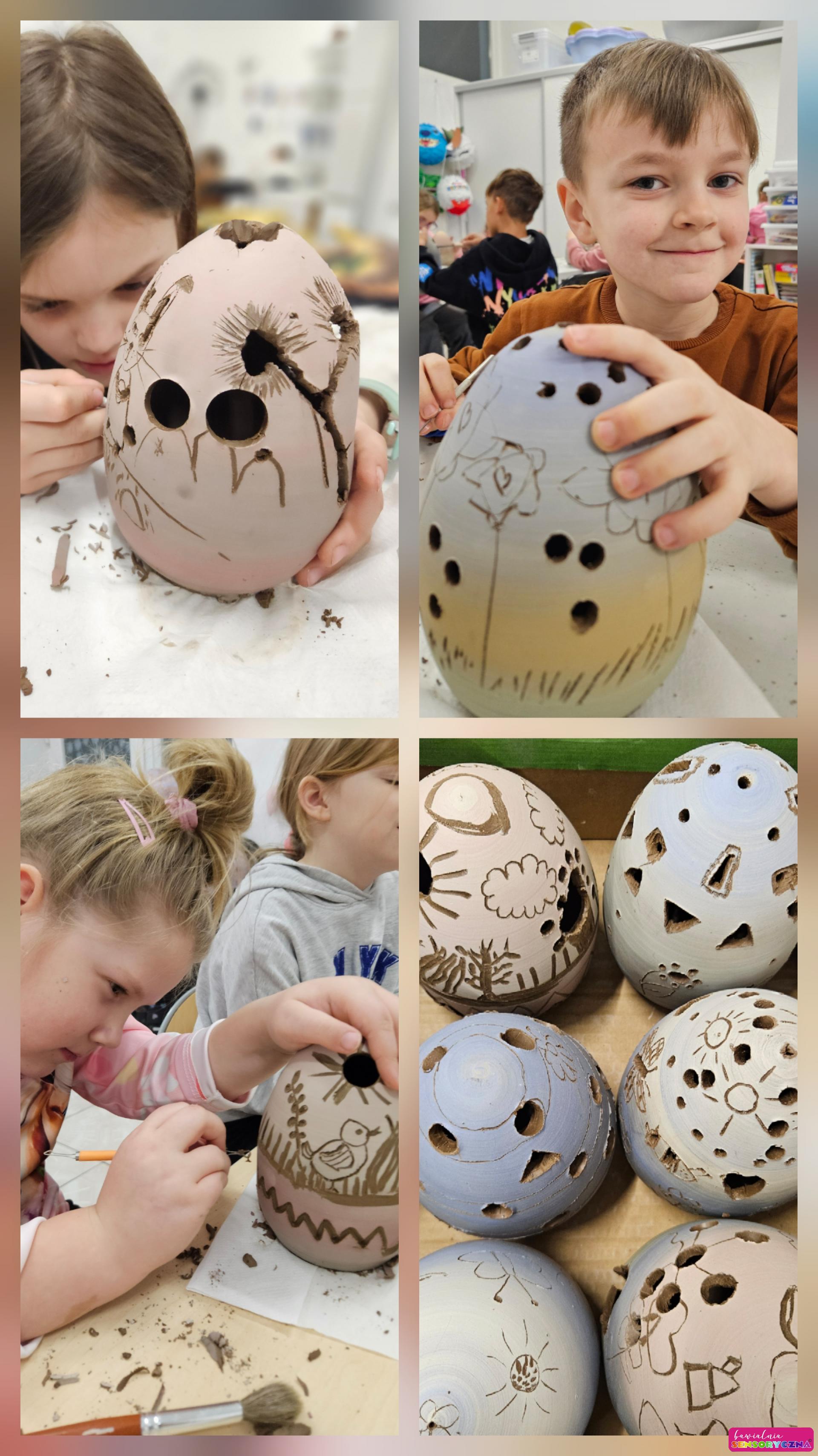 Ceramiczne jajka, dzieci zdobione pisanki, warsztaty edukacyjne dla dzieci w Chojnowie.