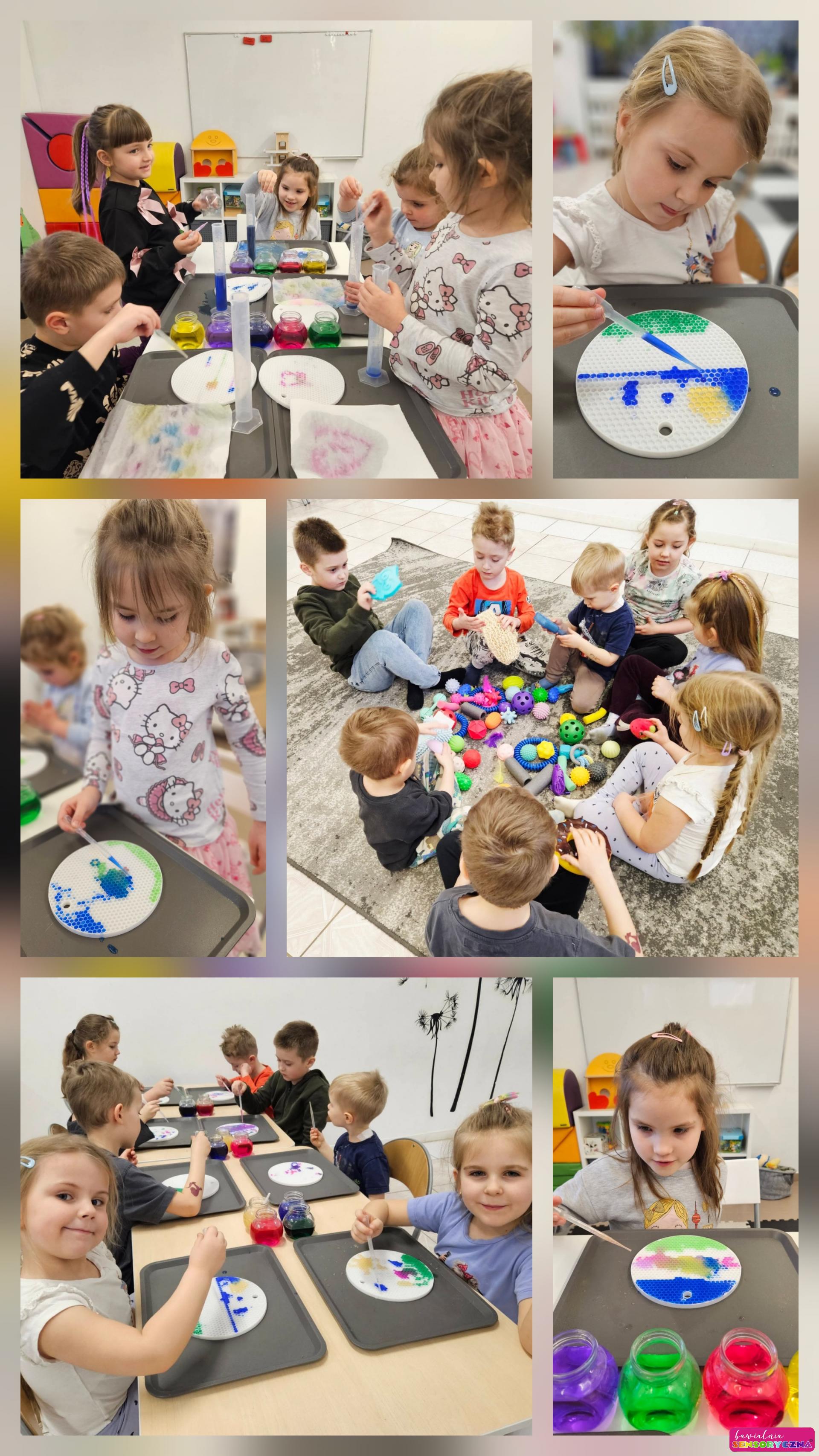 Dzieci z pileczkami sensorycznymi, z pipetami, w kółku i przy stolikach. Zajęcia sensoryczne dla dzieci w Chojnowie. Zajęcia sensoryczne dla dzieci w Chocianowie. Zajęcia sensoryczne dla dzieci w Jaworze.