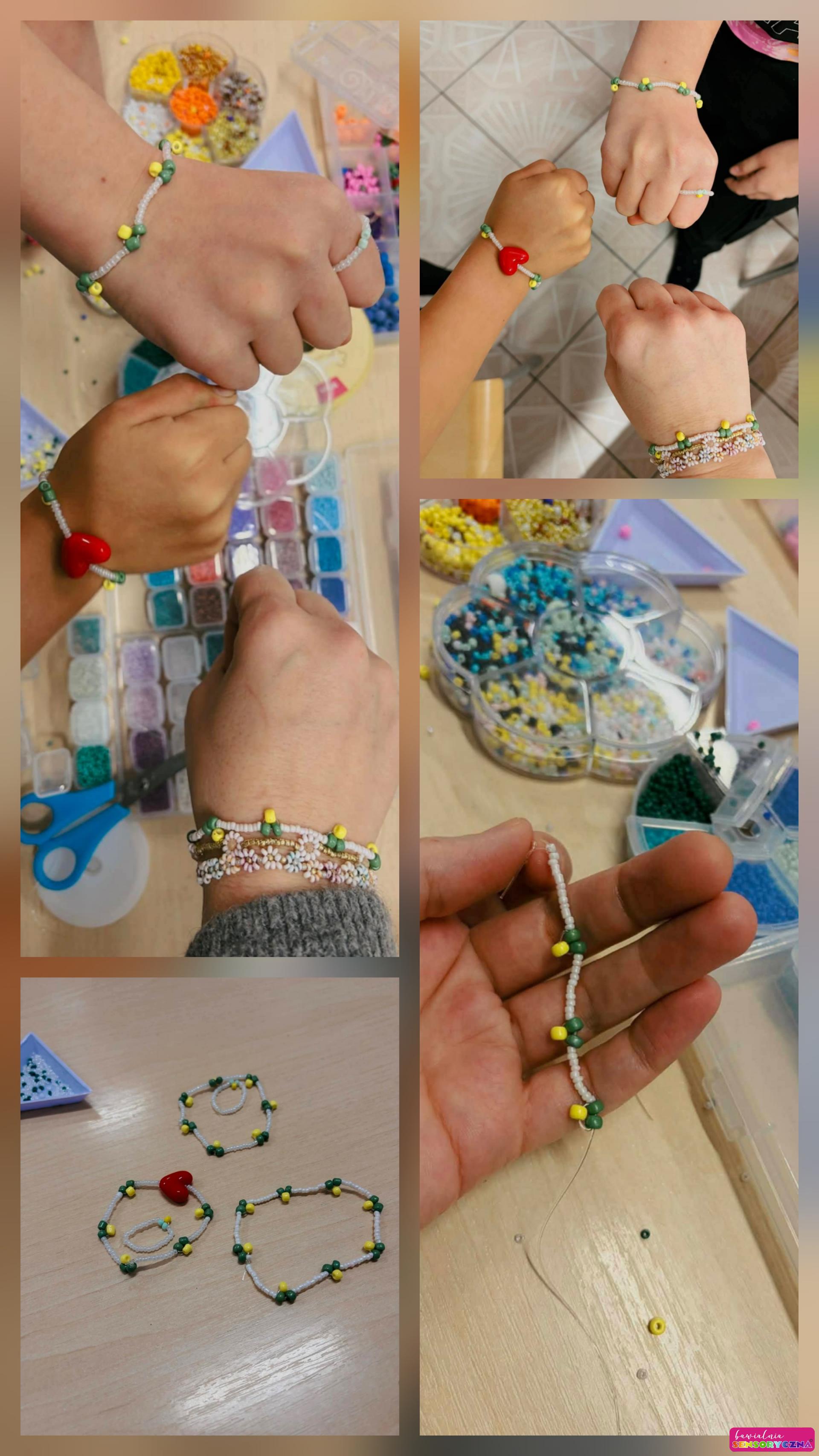Zajęcia kreatywne dla dzieci w Chojnowie. Bransoletki, dłonie dzieci z biżuterią, koraliki.