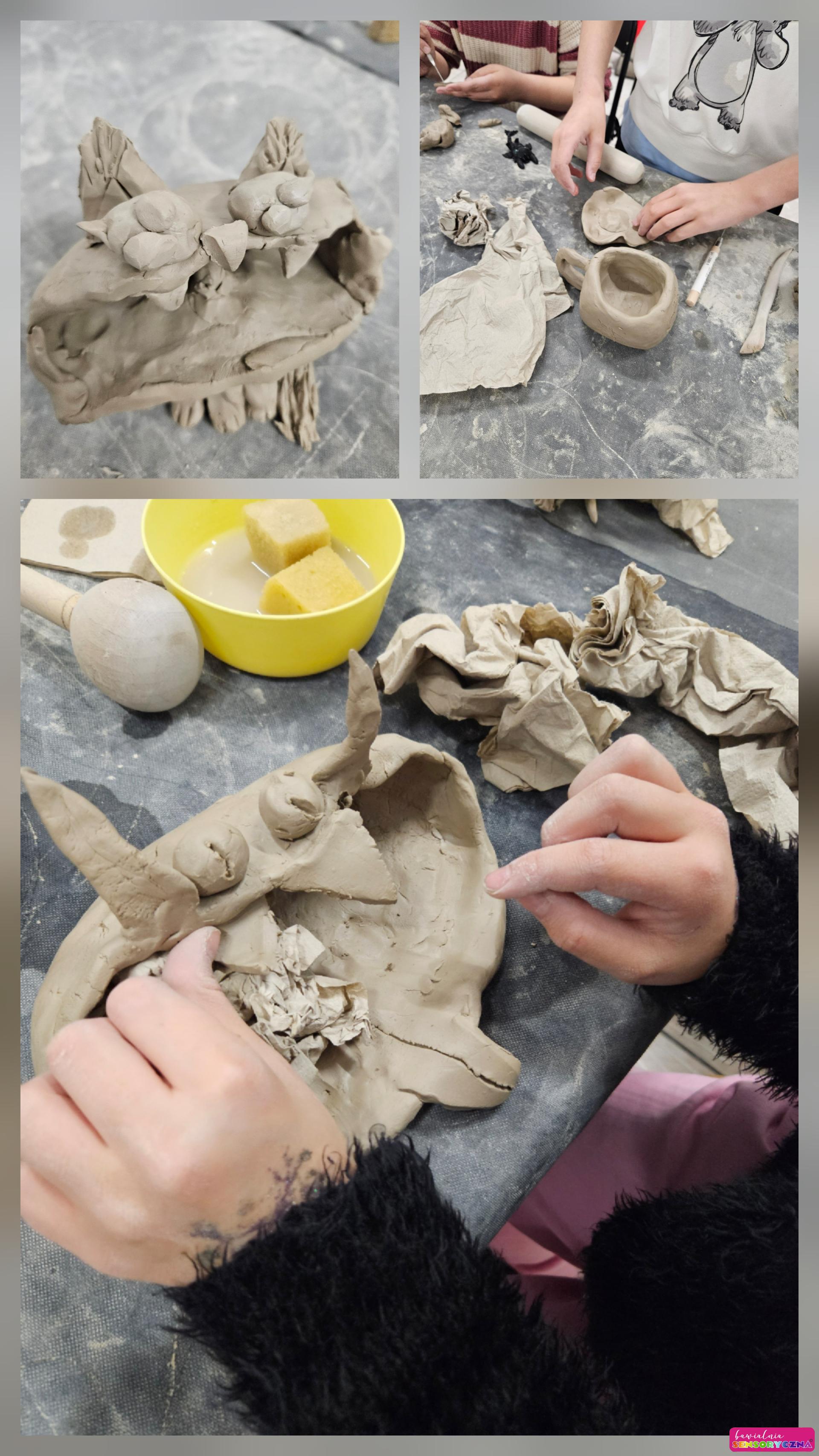 Warsztaty edukacyjne dla dzieci w Chojnowie, prace z gliny, straszne pojemniczki.