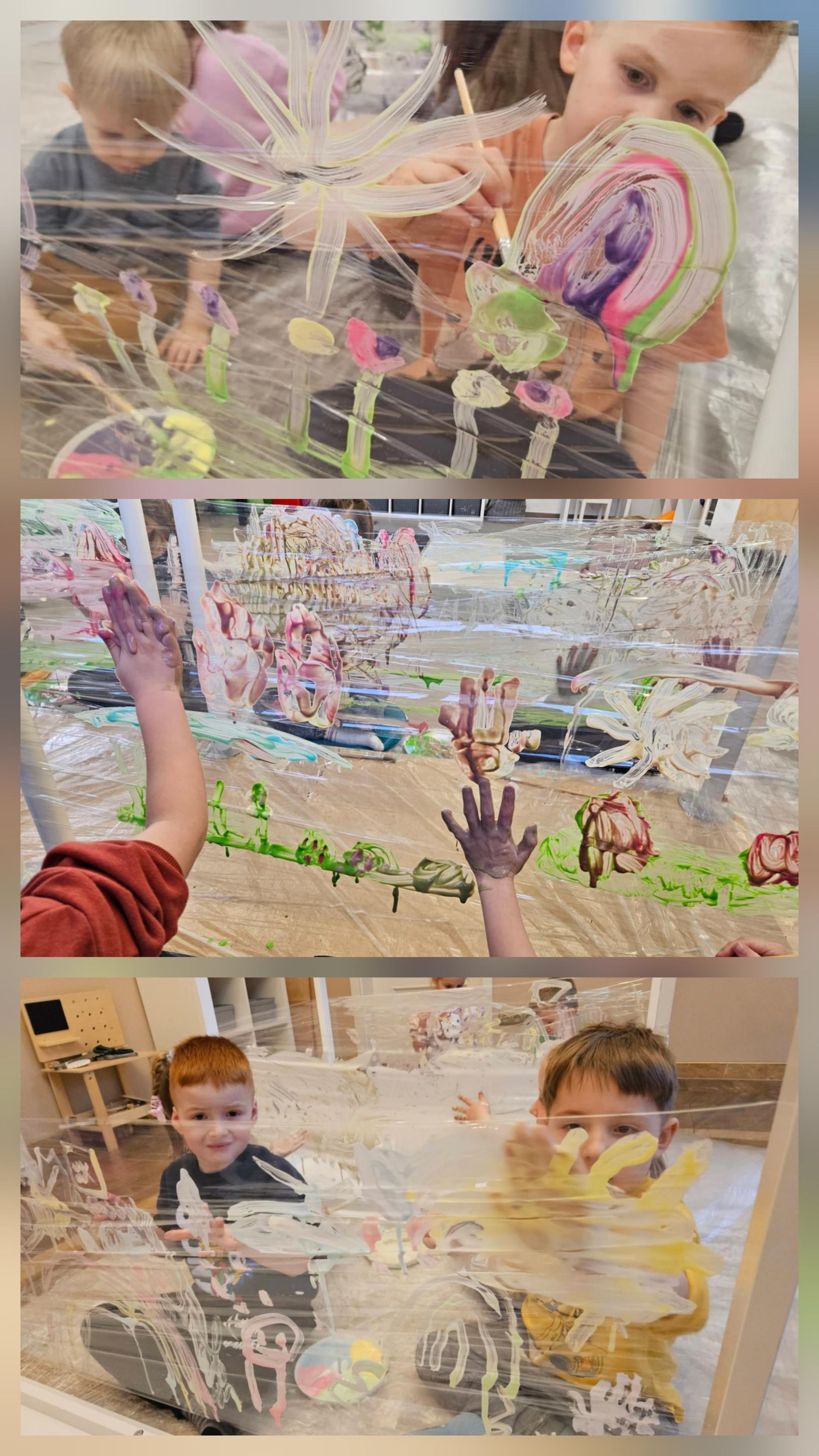 Folia, jogurty, dzieci malujące na folii pędzlem i paluszkami.  Zajęcia edukacyjne i sensoryczne dla dzieci w Chojnowie. Zajęcia edukacyjne i sensoryczne dla dzieci w Chocianowie. Zajęcia edukacyjne I sensoryczne dla dzieci w Jaworze.