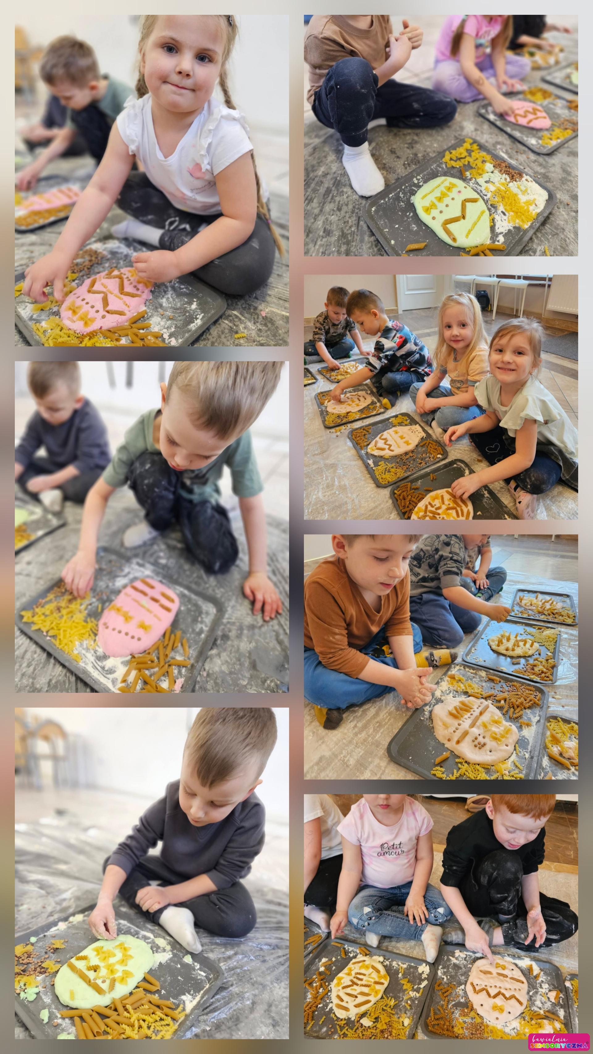 Zajęcia sensoryczne dla dzieci w Chojnowie. Zajęcia sensoryczne dla dzieci w Jaworze. Ciastolina, makaron, kształtowanie pisanek, wzory z makaronu.