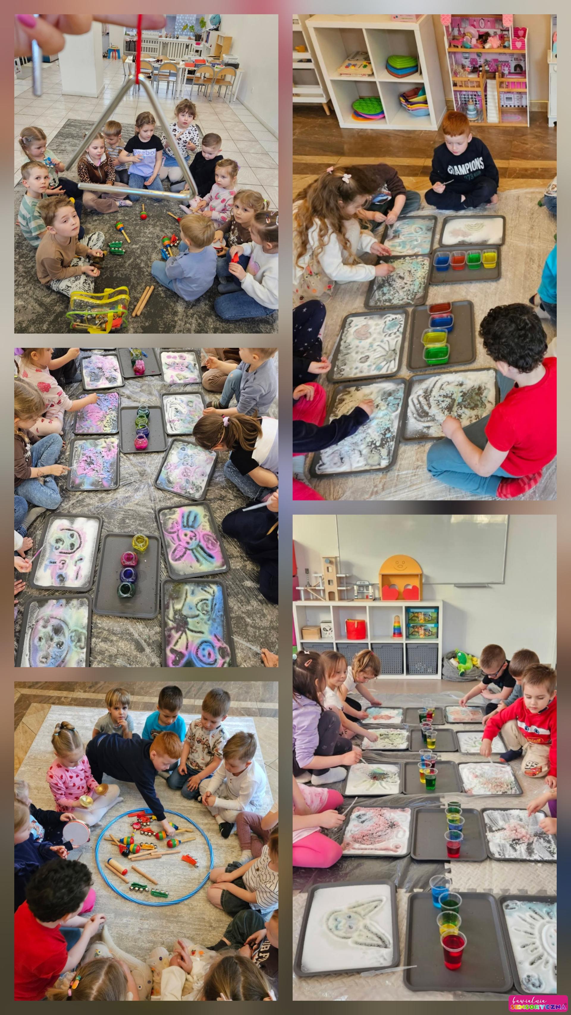Dzieci z taczkami, malowanie na soli, dzieci z instrumentami. Zajęcia sensoryczne dla dzieci w Chojnowie. Zajęcia sensoryczne dla dzieci w Chocianowie. Zajęcia sensoryczne dla dzieci w Jaworze.