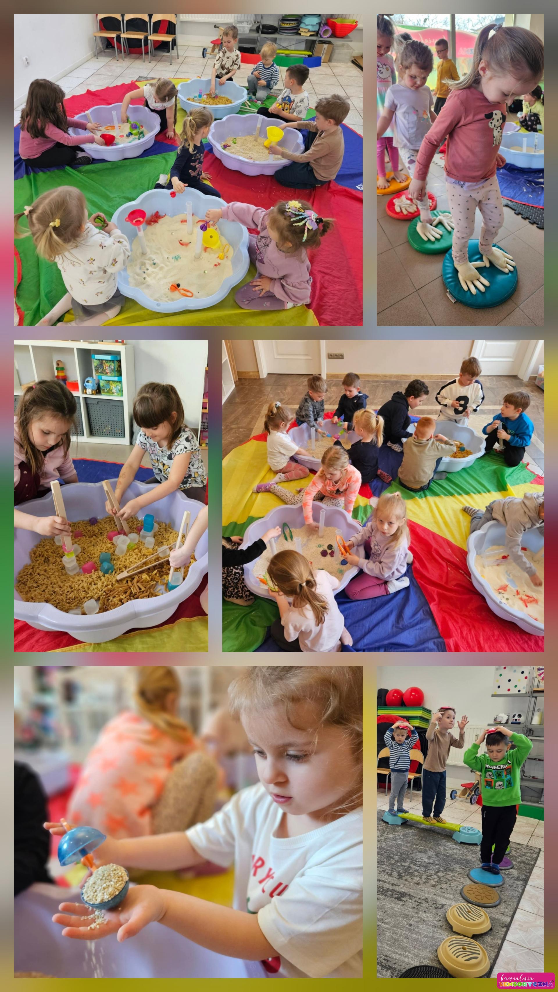 Piaskownice z makaronem i kaszą, dzieci bawiące się w piaskownicach. Zajęcia sensoryczne dla dzieci w Chojnowie, Chocianowie I w Jaworze.