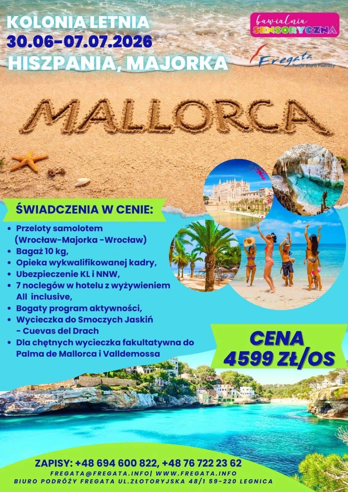 Plakat reklamujący kolonię letnią, zdjecia dzieci na plaży. Kolonia Chojnów.