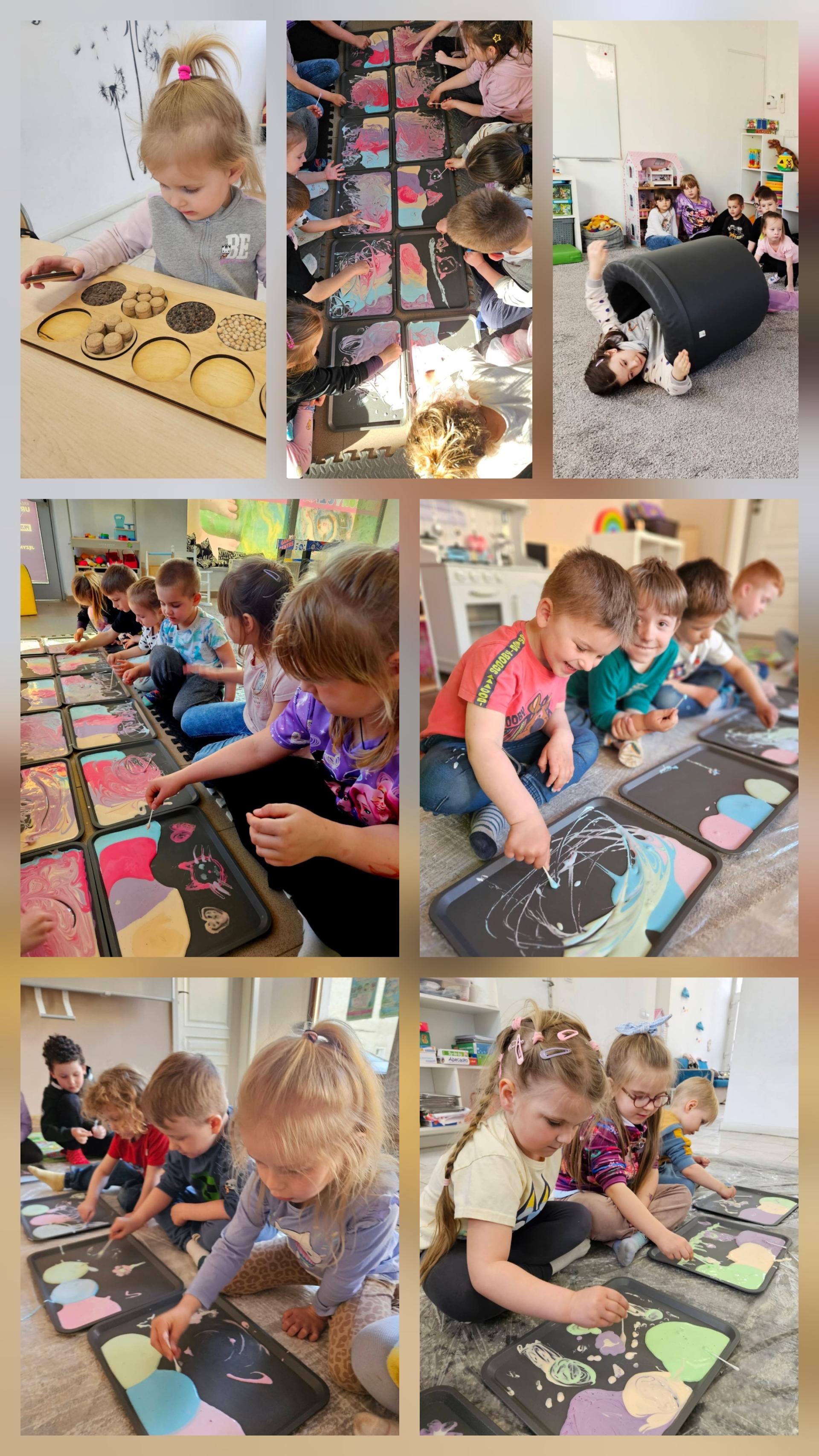 Zajecia edukacyjne dla dzieci w Chojnowi.Zajecia sensoryczne, tabliczki dotykowe, beczka, dzieci podczas malowania slajmami, tacki, patyczki, kolorowe farbki z kleju.