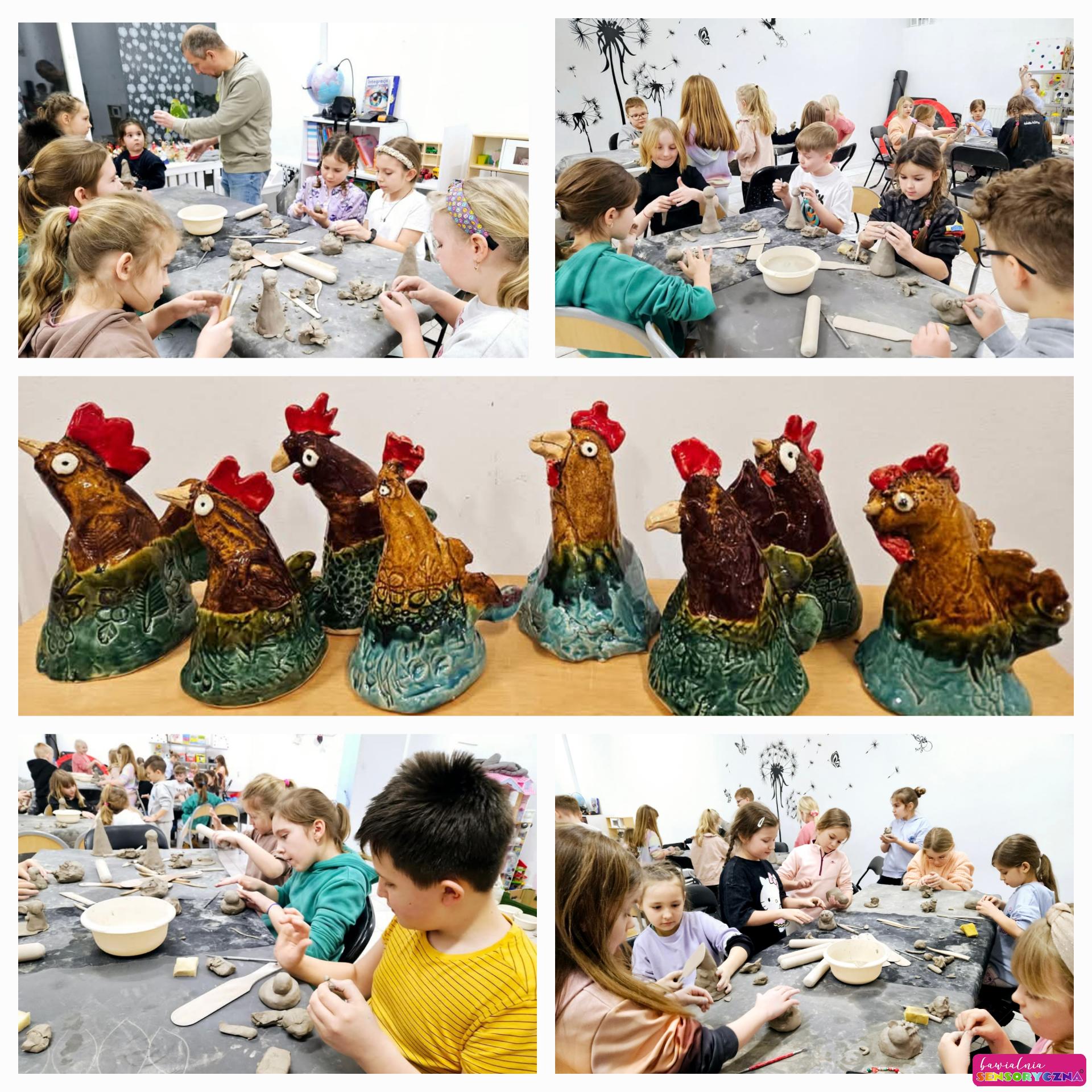 Warsztaty ceramiczne w Bawialni, dzieci przy stolach, z gliną, prace dzieci, gliniany KOGUCIKI. Warsztaty dla dzieci, Chojnów i okolice.