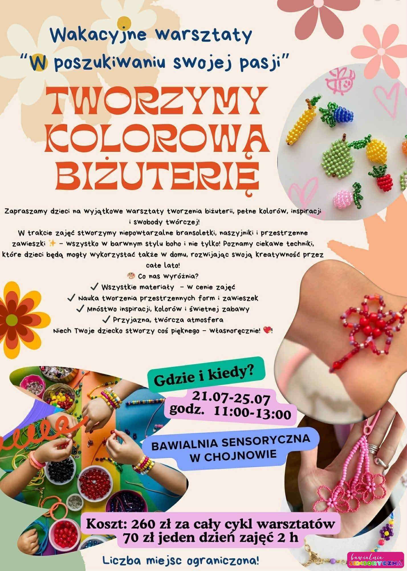 Plakat reklamujący zajęcia dla dzieci w Bawialni. Warsztaty wakacyjne dla dzieci, Chojnów i okolice.